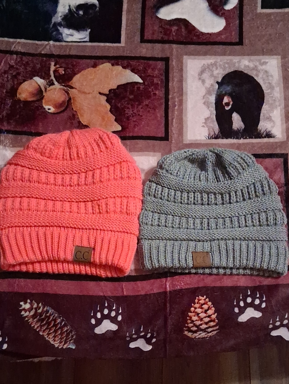 C.C. Ribbed Knit Beanie - Coral and Light Gray